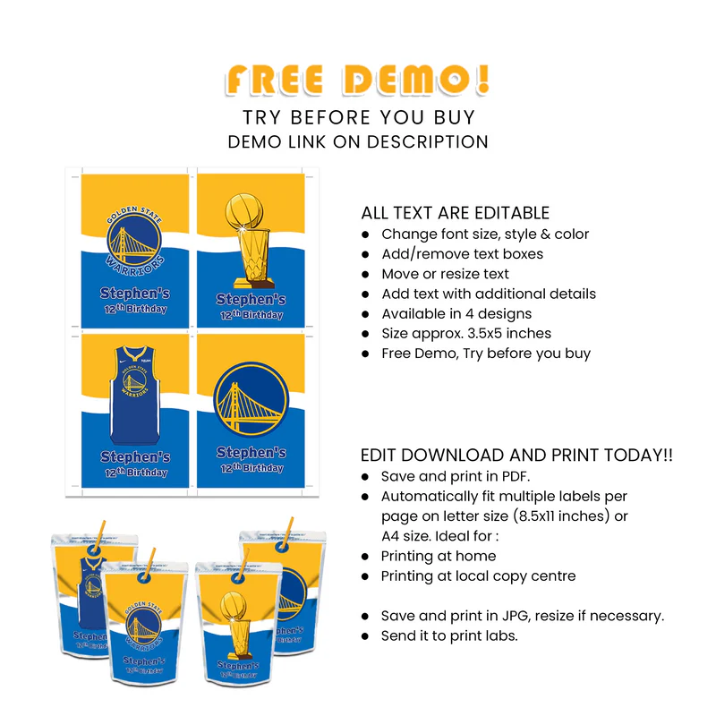 Golden State Warriors Juice Pouch Label Party Printables