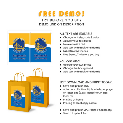 Golden State Warriors Goodie Bag Label Printable Favor