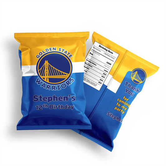 Golden State Warriors chips bag label with centered team name and dynamic blue design