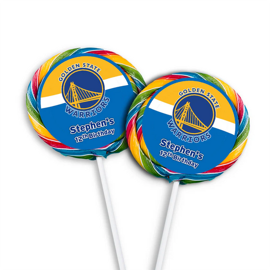 Golden State Warriors lollipop label circle design featuring team logo on bright background