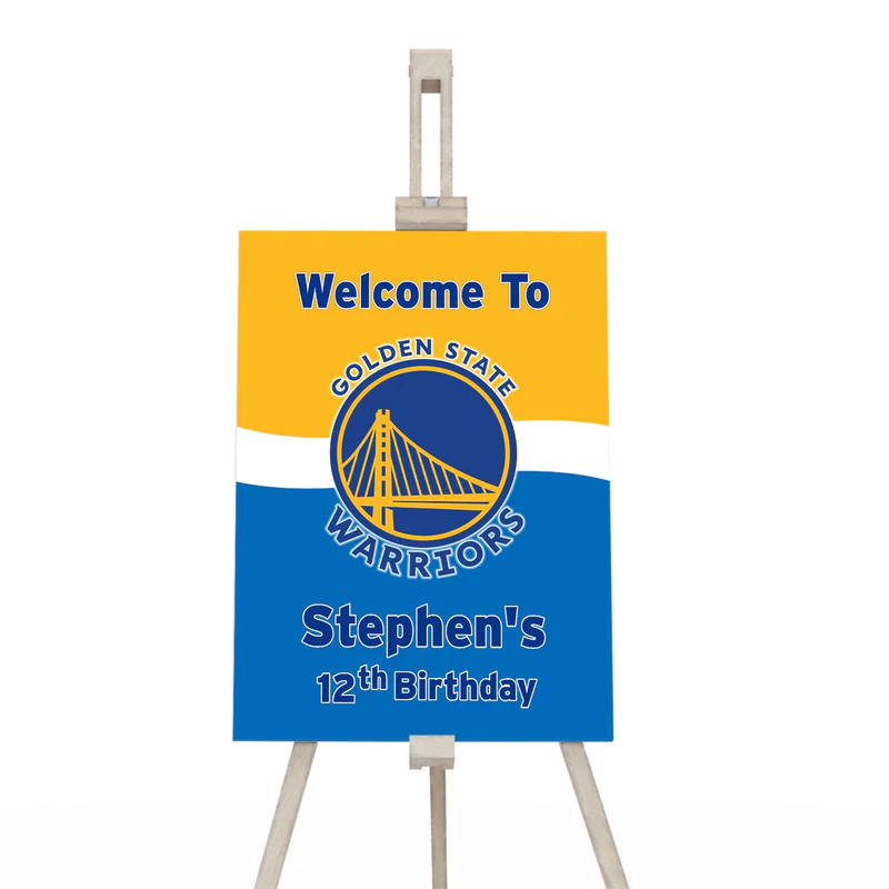 Golden State Warriors welcome sign with easel-style layout and editable message space
