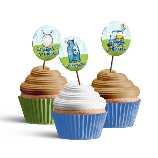Mini Golf Personalized Cupcakes Toppers: Tailored cupcake toppers adorned with mini golf graphics