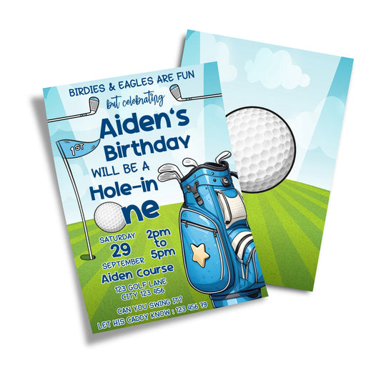 Mini Golf Personalized Birthday Card Invitations: Bespoke birthday card invitations with mini golf illustrations