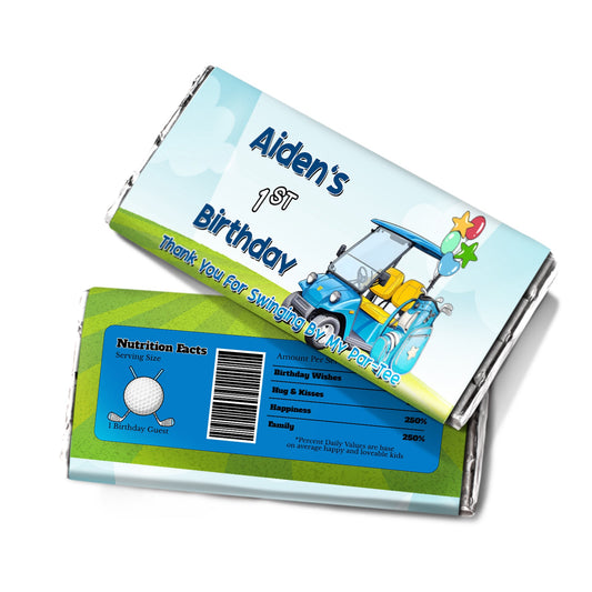 Mini Golf Chocolate Label: Personalized chocolate labels featuring mini golf course images