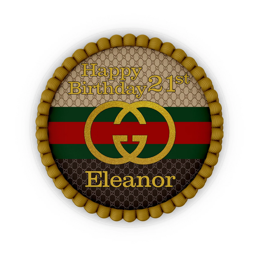 Gucci inspired edible icing cake images with custom name and stripe design on white sheet
