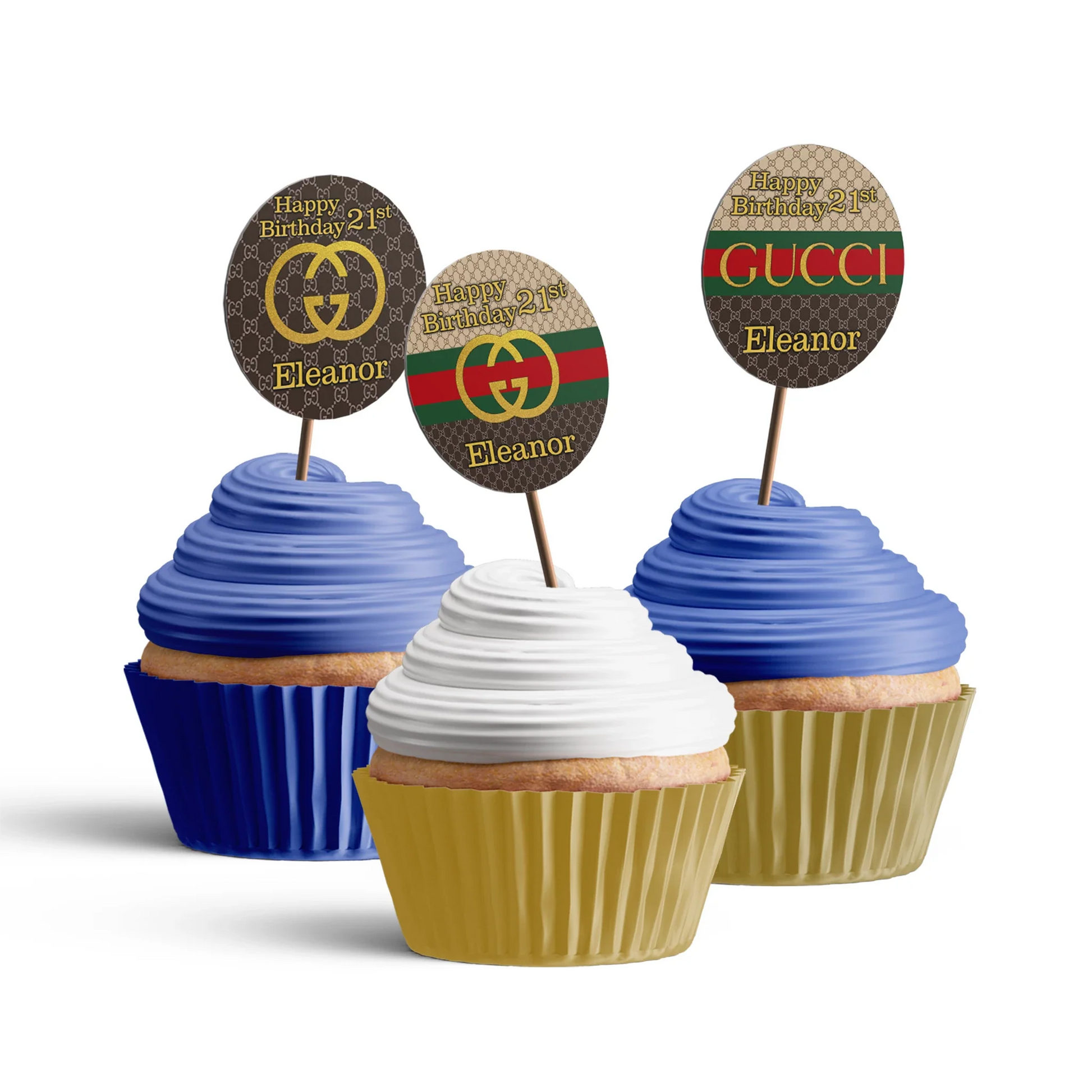 Gucci inspired cupcake toppers with red green gold design arranged on cupcakes flat lay