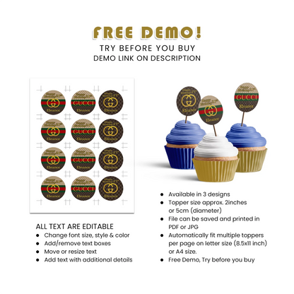 Gucci Inspired Cupcake Toppers Personalized Party Decor