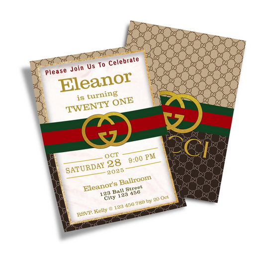 Gucci inspired birthday card invitations with luxury stripe print and editable party details