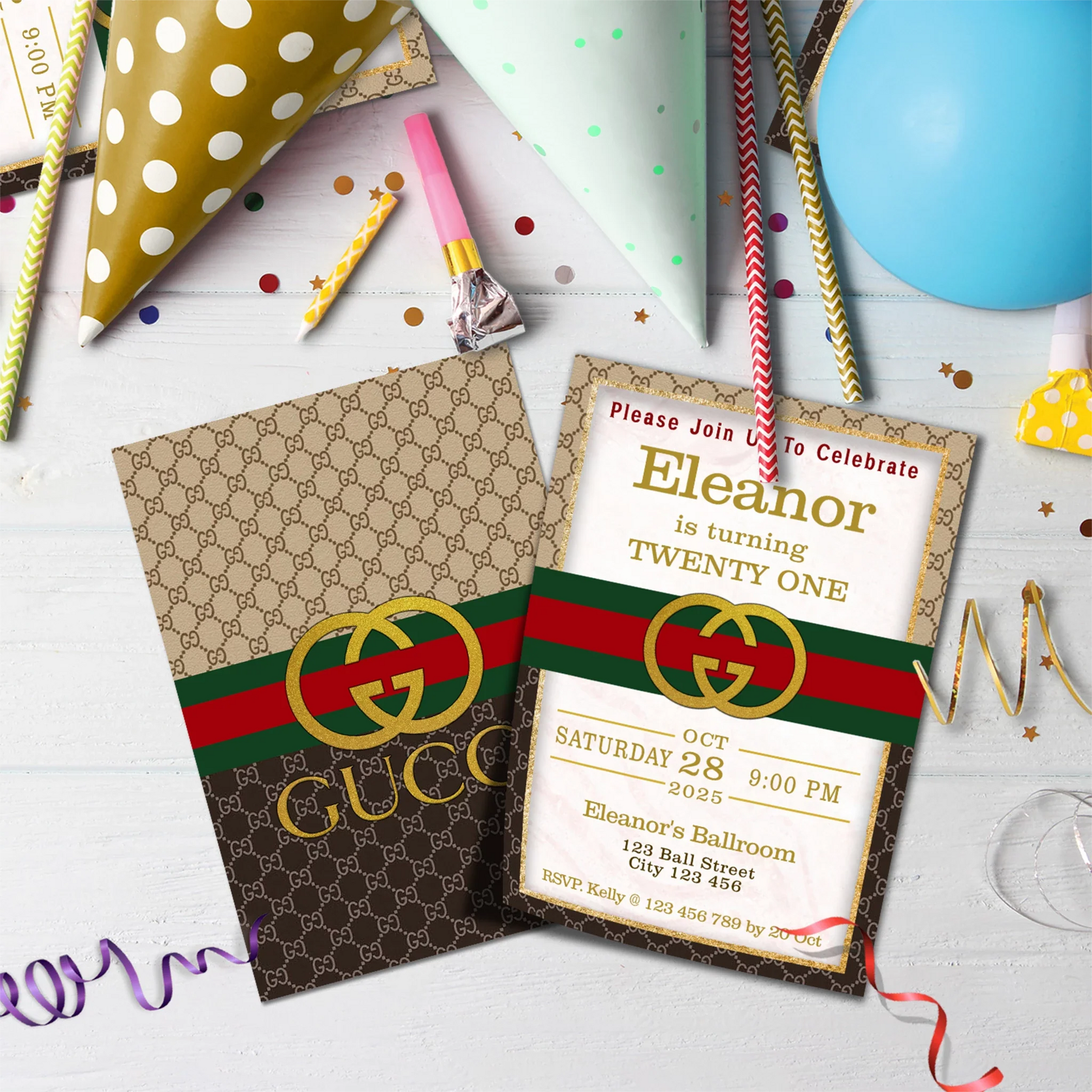 Gucci Inspired Birthday Decorations, Gucci Inspired Party Supplies, Gucci Inspired Themed, Gucci Style Inspired Digital Template, Editable Gucci Inspired Image SVG PNG