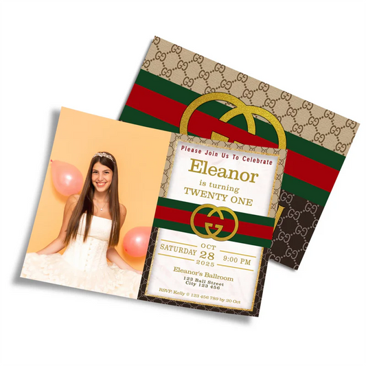Gucci inspired photo card invitations with personalized text and stylish stripe pattern