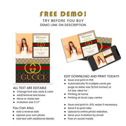 Gucci Inspired Photo Card Invitations Personalized for Kids