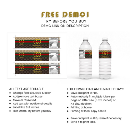 Gucci Inspired Water Bottle Label Custom Party Decoration