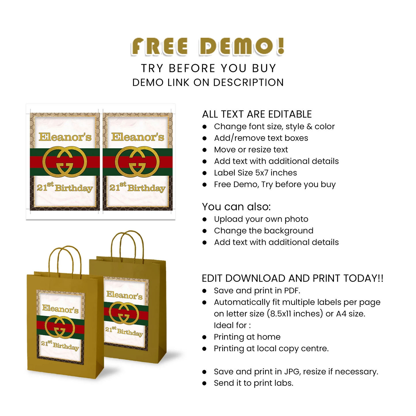 Gucci Inspired Goodie Bag Label Personalized Party Supply