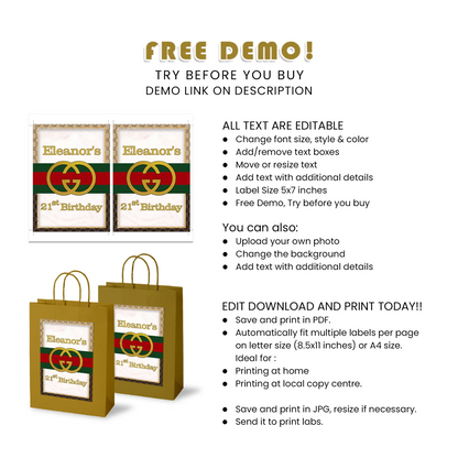 Gucci Inspired Goodie Bag Label Personalized Party Supply