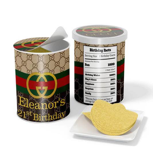 Gucci inspired small Pringles label with luxury themed wrap on mini can with gold accents