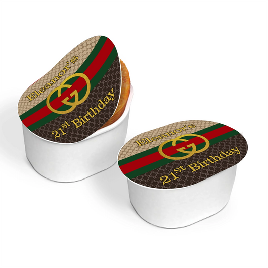 Gucci inspired mini Pringles label with red green stripe design wrapped around party size can