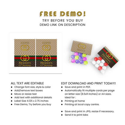 Gucci Inspired Treat Bag Topper Label Custom Printable Design