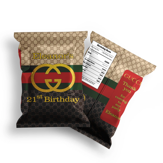 Gucci inspired chips bag label with custom text and luxury pattern on foil style bag