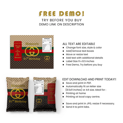 Gucci Inspired Chips Bag Label Personalized Party Template