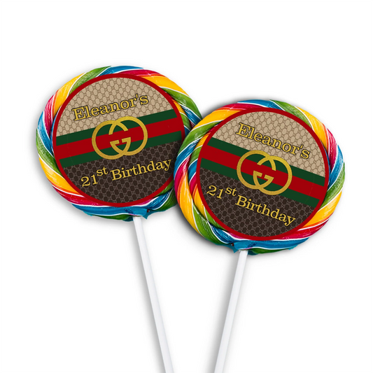 Gucci inspired lollipop label with gold stripe design and name on round candy stick