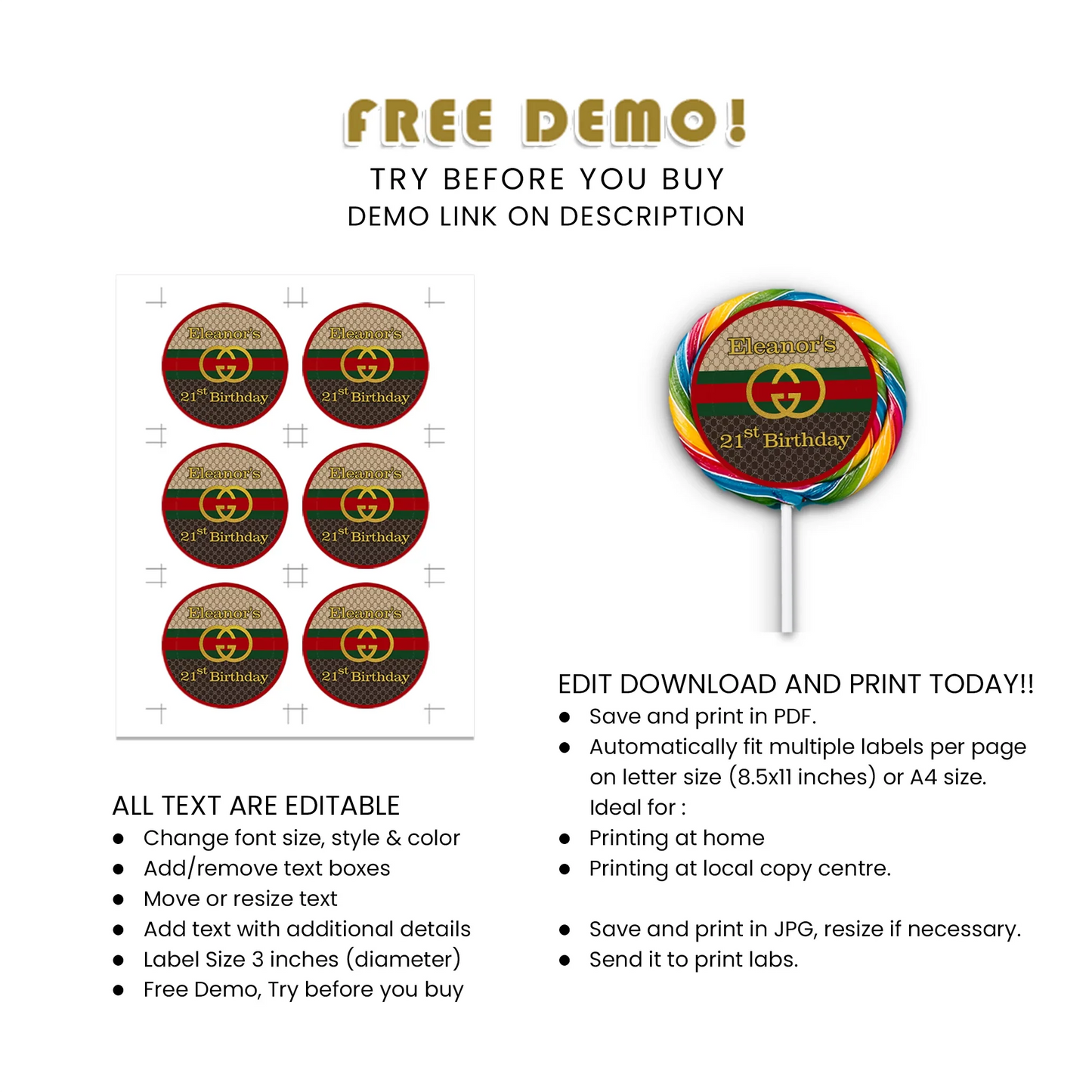Gucci Inspired Lollipop Label Personalized Party Favor Tag