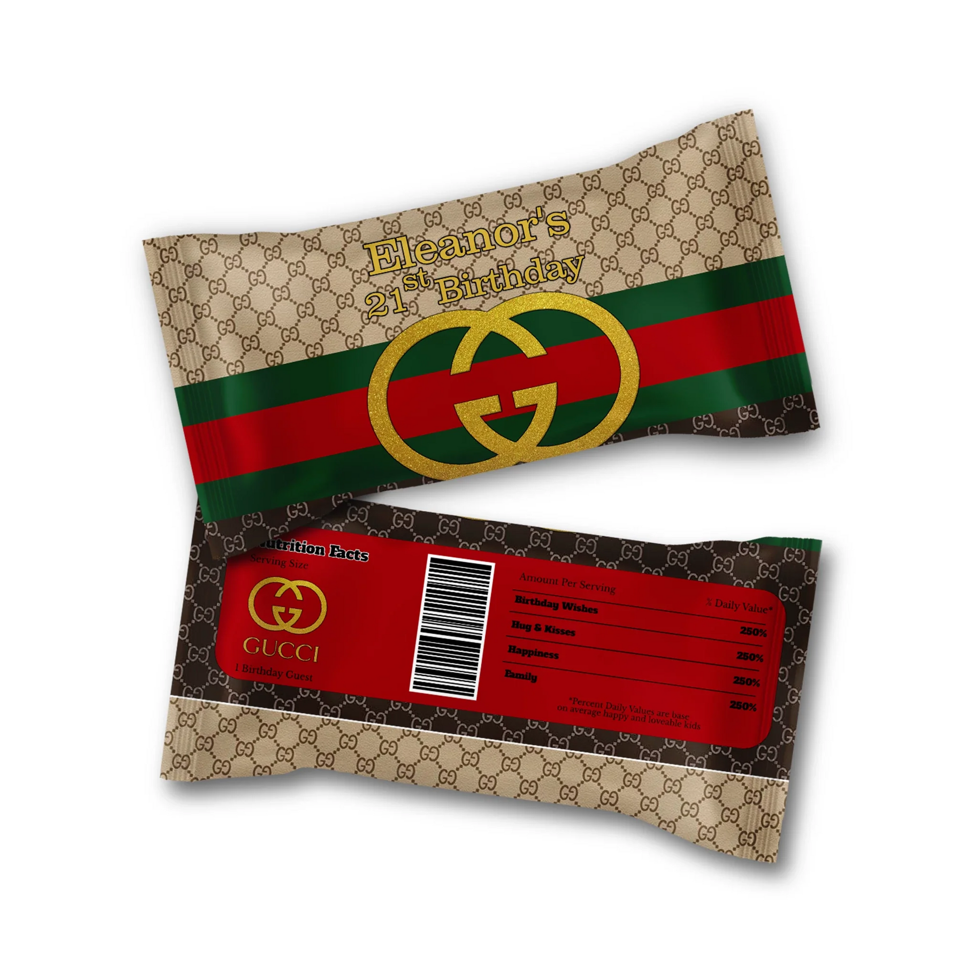 Gucci inspired Skittles label with personalized text and stripe design on snack-size pouch