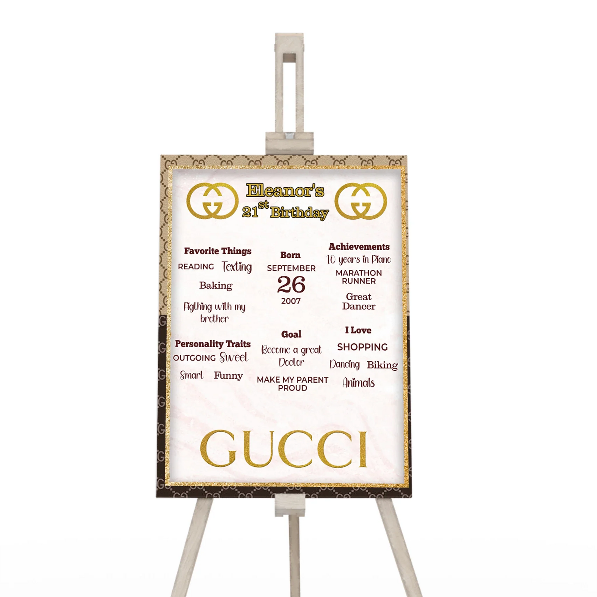 Gucci inspired milestone poster with age highlights and favorite facts on red green theme