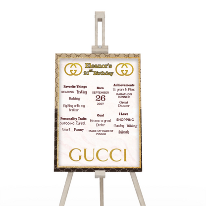 Gucci inspired milestone poster with age highlights and favorite facts on red green theme
