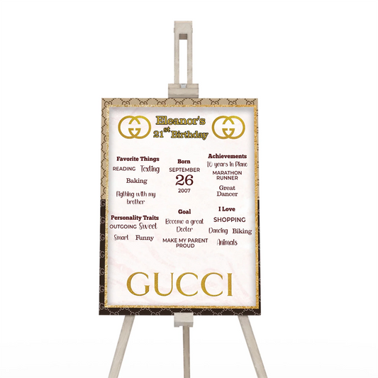 Gucci inspired milestone poster with age highlights and favorite facts on red green theme