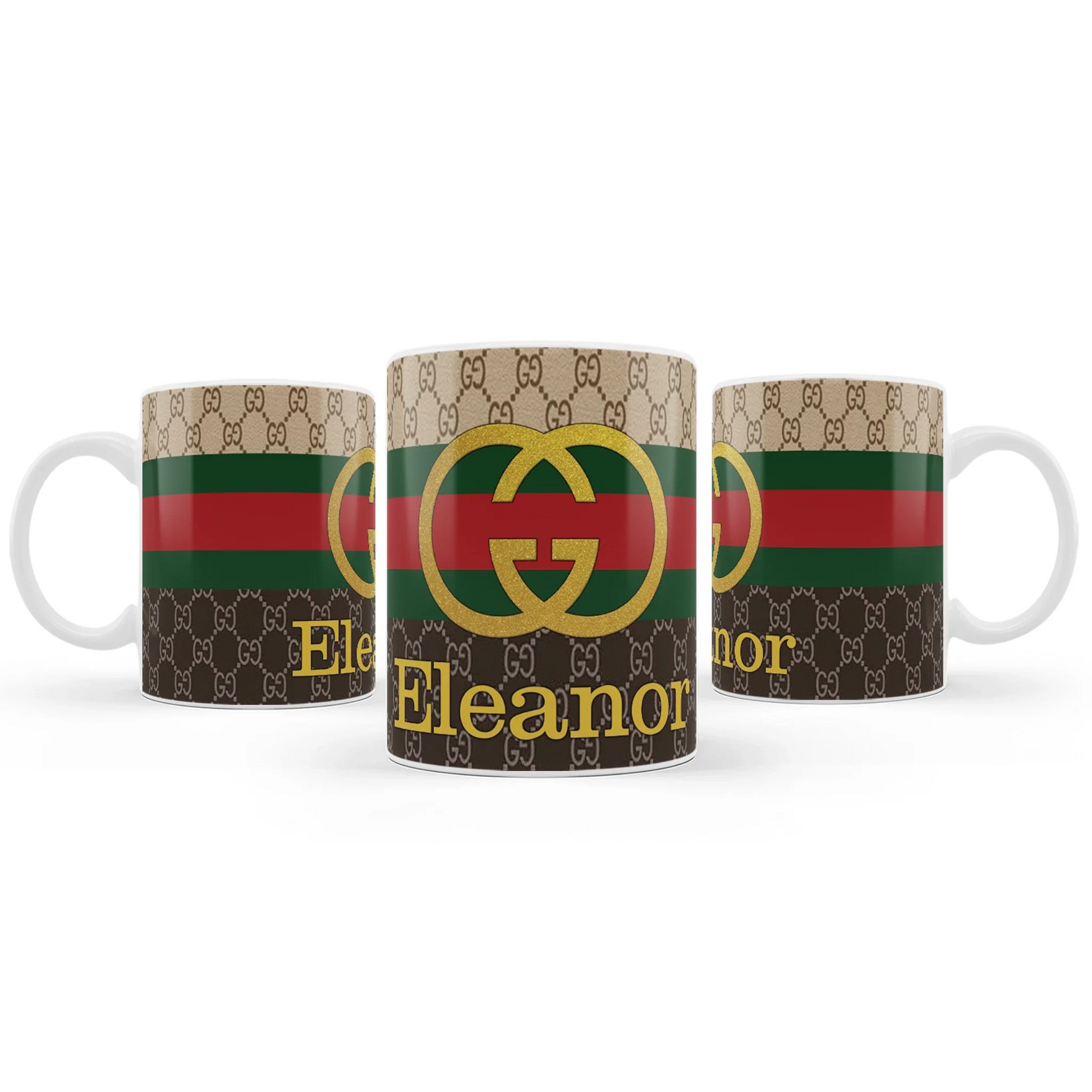 Gucci inspired sublimation mug with personalized name and stripes on white ceramic mug