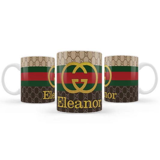 Gucci inspired sublimation mug with personalized name and stripes on white ceramic mug