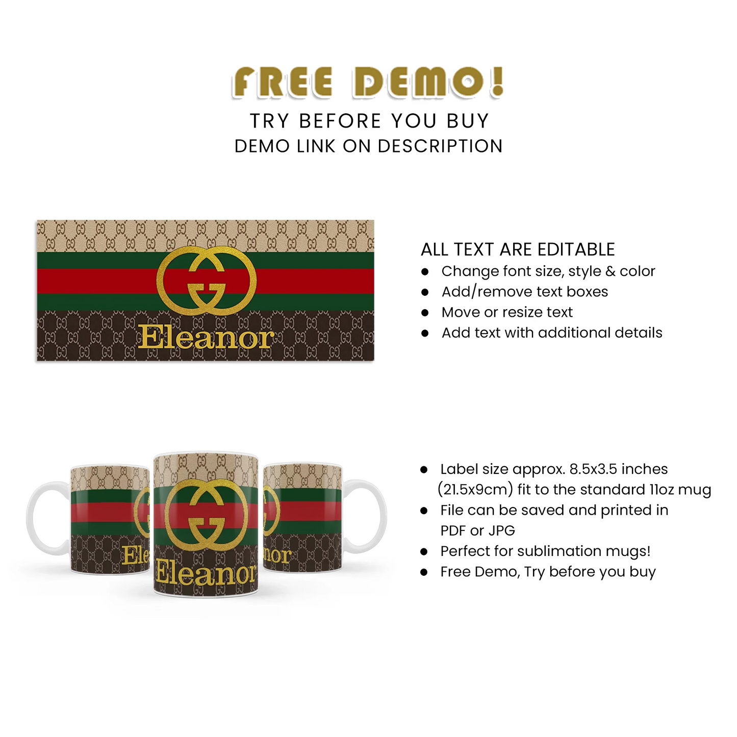 Gucci Inspired Sublimation Mug Custom Printed Gift