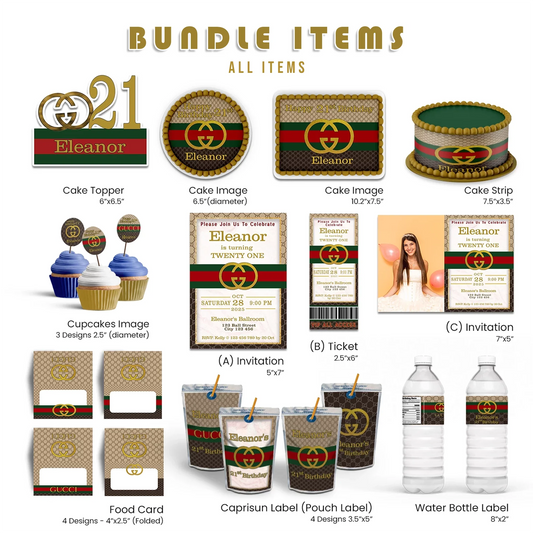 Gucci inspired party pack digital template with luxury theme design flat lay on white background