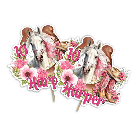 Horse equestrian cake toppers with personalized name on cardstock white background