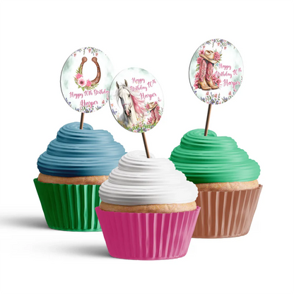 Horse equestrian cupcake toppers with round personalized horse design on white background