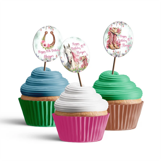 Horse equestrian cupcake toppers with round personalized horse design on white background