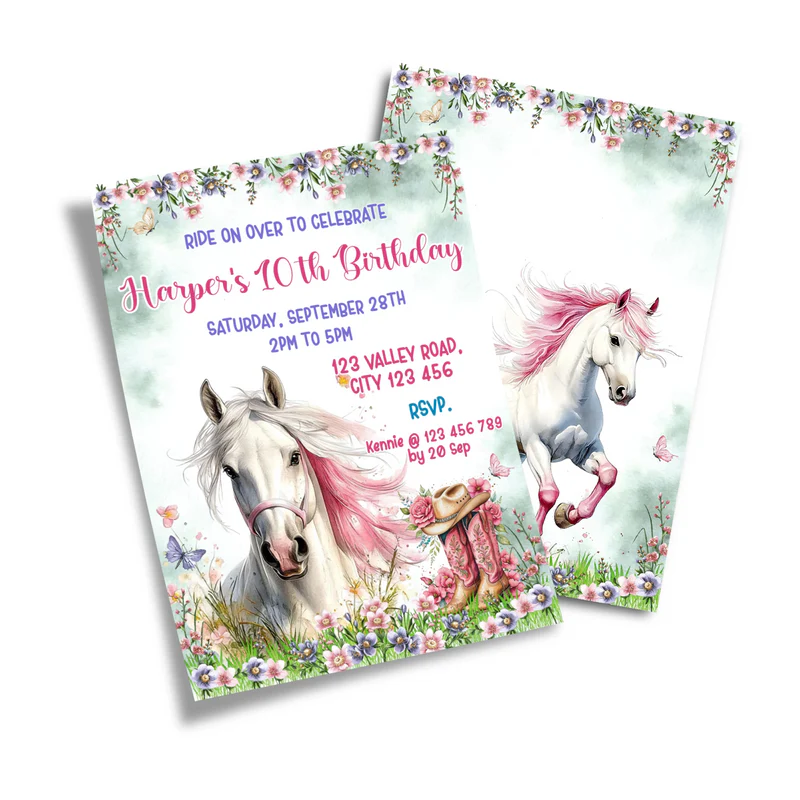 Horse equestrian birthday card invitations with custom text and horse graphic flat lay