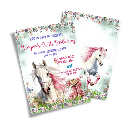 Horse equestrian birthday card invitations with custom text and horse graphic flat lay