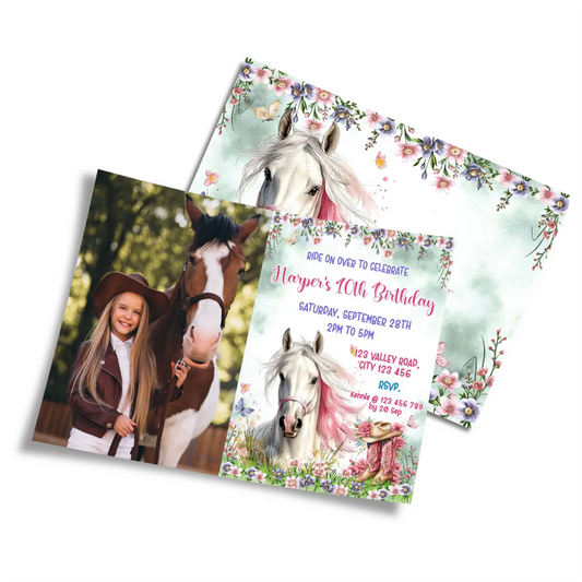 Horse equestrian photo card invitations with personalized photo and horse design on white background
