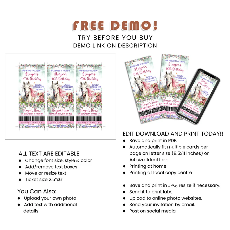 Horse Equestrian Birthday Ticket Invitations Custom Design