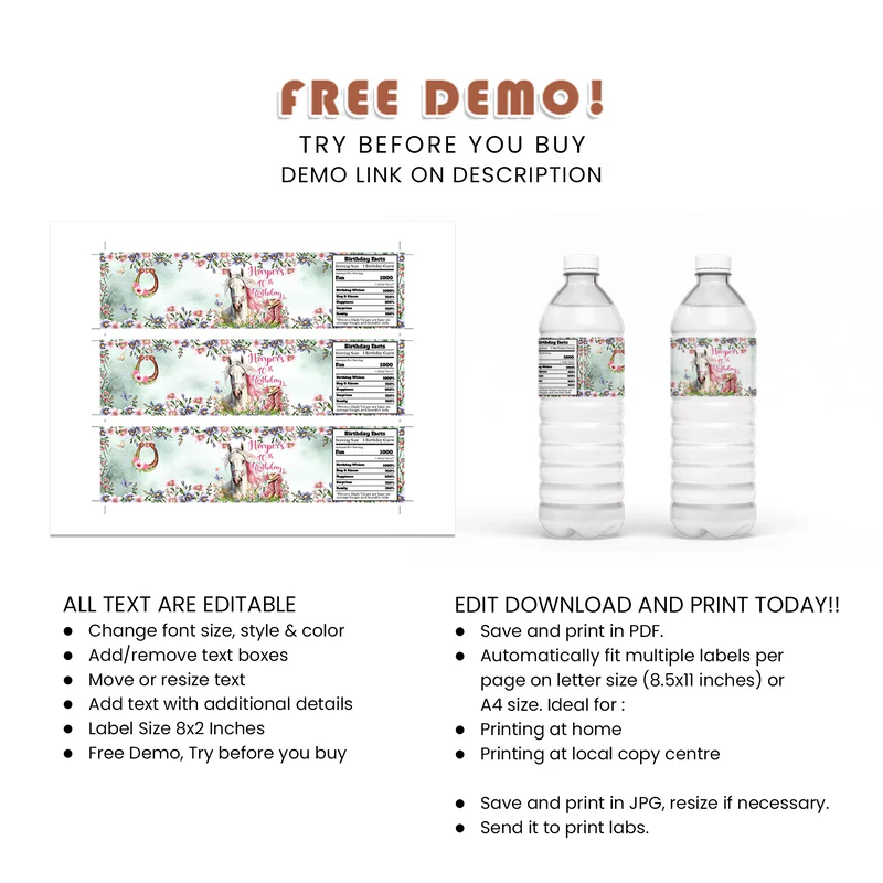 Horse Equestrian Water Bottle Label Custom Party Printable