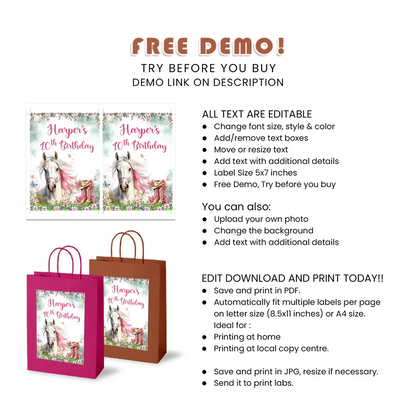 Horse Equestrian Goodie Bag Label Custom Printable Party