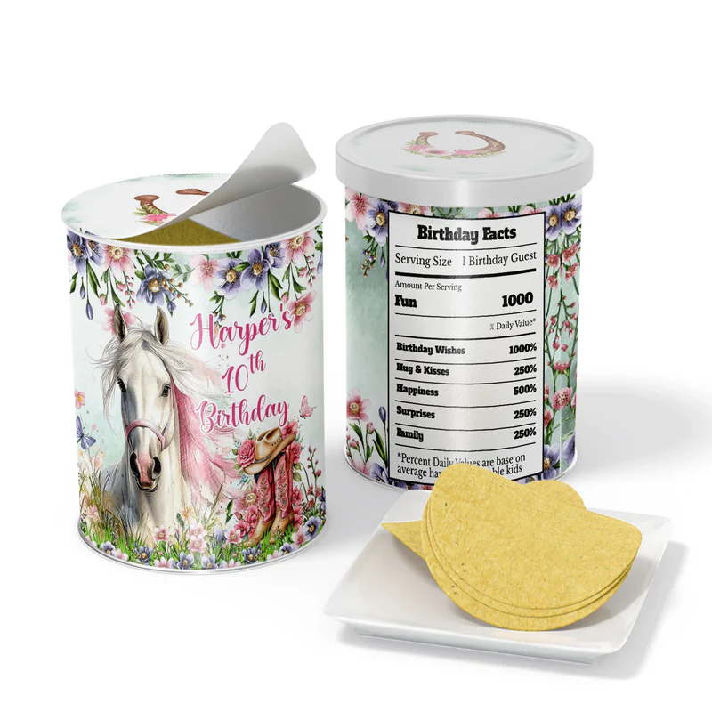 Horse equestrian small pringles label with personalized horse motif flat lay