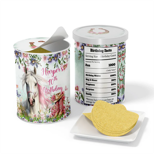Horse equestrian small pringles label with personalized horse motif flat lay