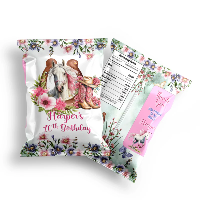 Horse equestrian chips bag label with custom horse design on white background
