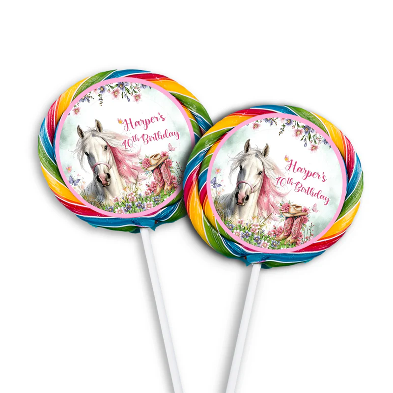Horse equestrian lollipop label with round personalized horse motif on white background