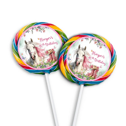 Horse equestrian lollipop label with round personalized horse motif on white background