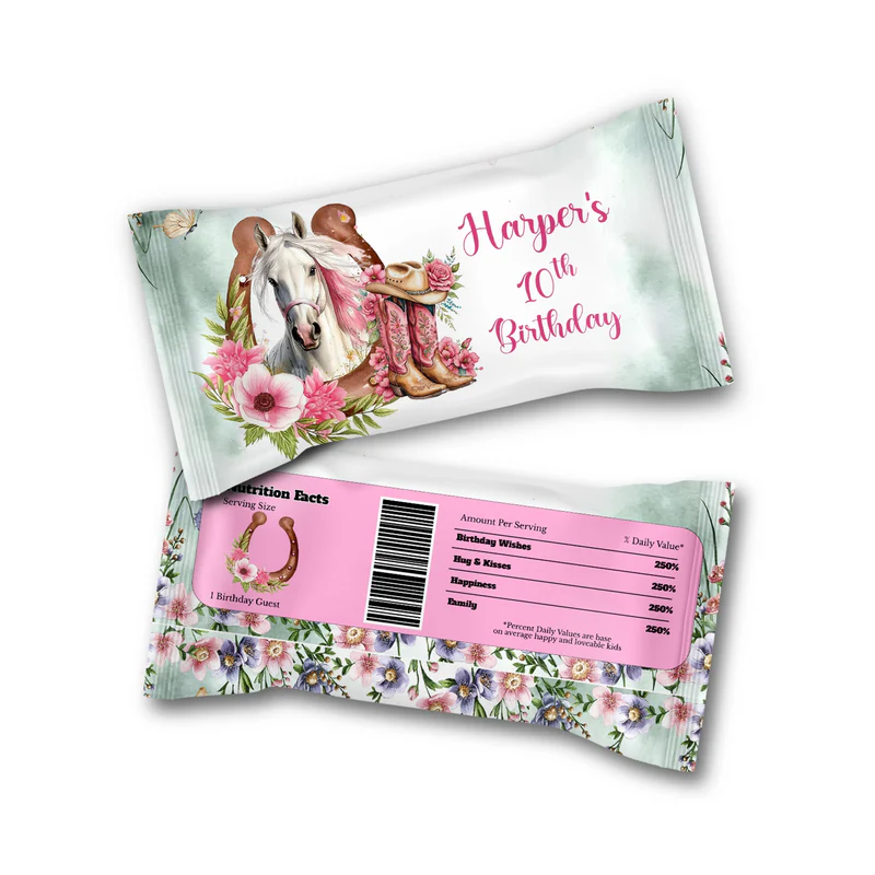 Horse equestrian skittles label with custom horse design flat lay
