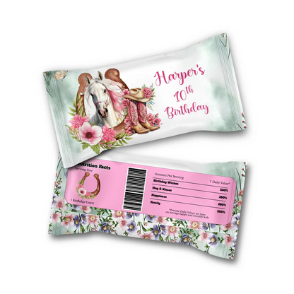 Horse equestrian skittles label with custom horse design flat lay