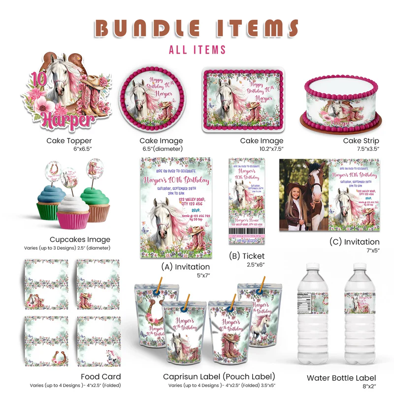 Horse equestrian party pack bundle with personalized digital templates on white background